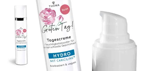 Eine Flasche der Tagescreme Guten Tag Rose von THOMA mit der Kennzeichnung Hydro mit Cariciline Die Creme ist biobasiert und vegan bietet einen Feuchtigkeitsbooster für anspruchsvolle Gesichtshaut Nahaufnahme des Pumpspenders