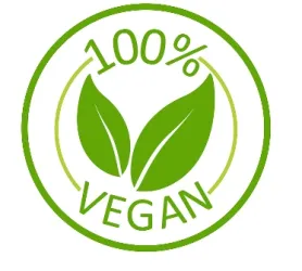 Logo mit zwei grünen Blättern und Aufschrift - 100% Vegan -  Symbol für vegane Produkte.