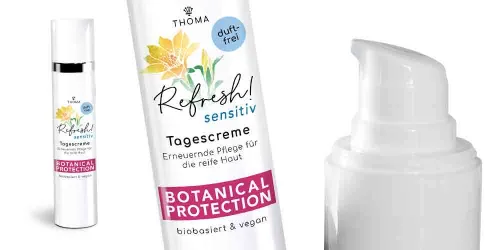 THOMA Refresh! Sensitiv Tagescreme – Duftfreie, vegane Pflege mit Botanical Protection für reife Haut im praktischen Airless-Spender.