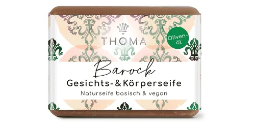 rechteckige braune Seife mit der Aufschrift BAROCK- Dusch-und Badeseife der Anke Thoma Naturkosmetik GmbH