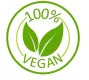 Logo mit zwei grünen Blättern und Aufschrift - 100% Vegan -  Symbol für vegane Produkte.