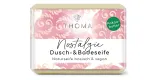 rechteckige, cremefarbene Seife mit rosa Verpackung und Aufschrift Nostalgie, vegane Kakaobutterseife klassische Maennerseife von der Naturseifen Manufaktur Uckermark.